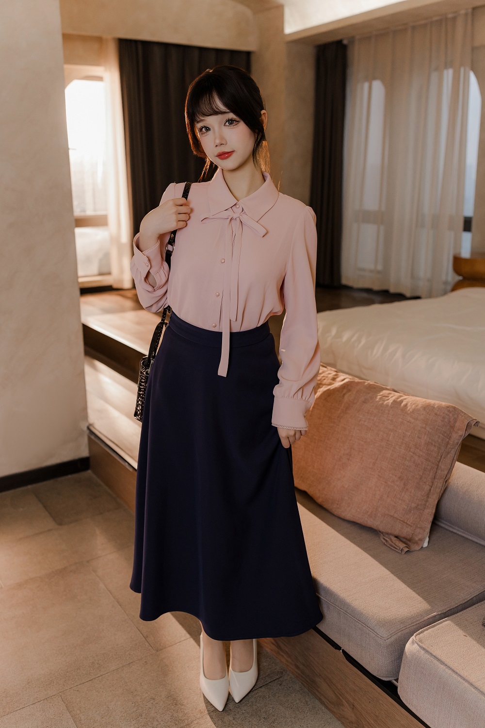 雪晴Astar-粉藏青通勤长裙OL[72P+1V]