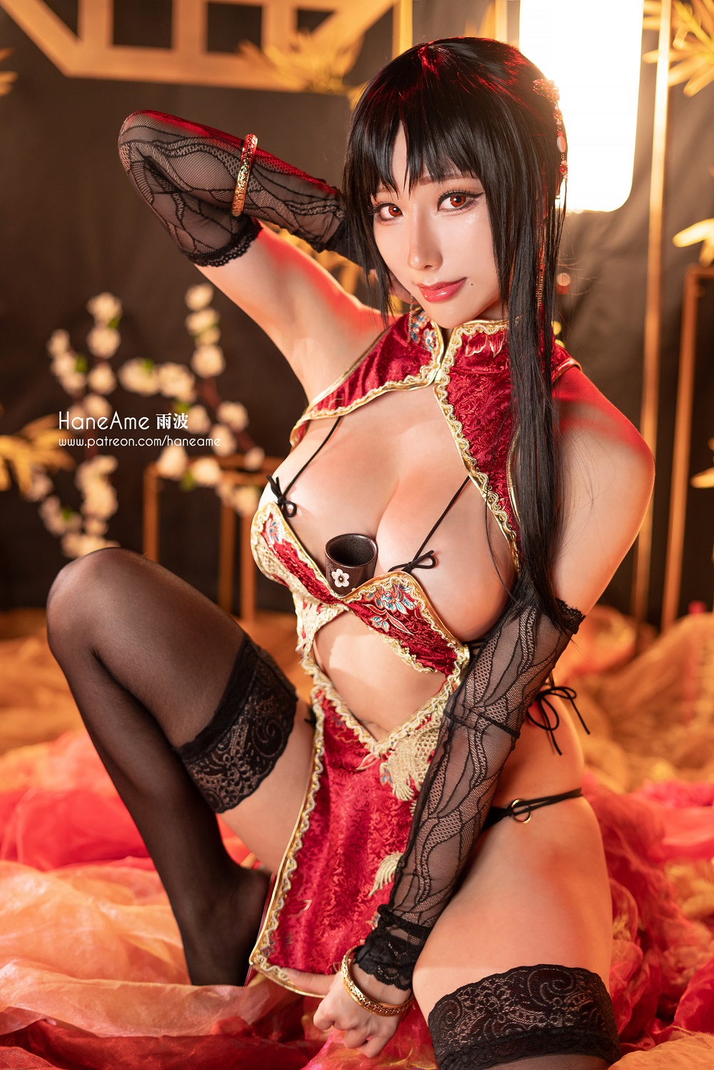 雨波HaneAme-XTER Collab画师-红色改良旗袍[11P] COS网红博主 预览2图