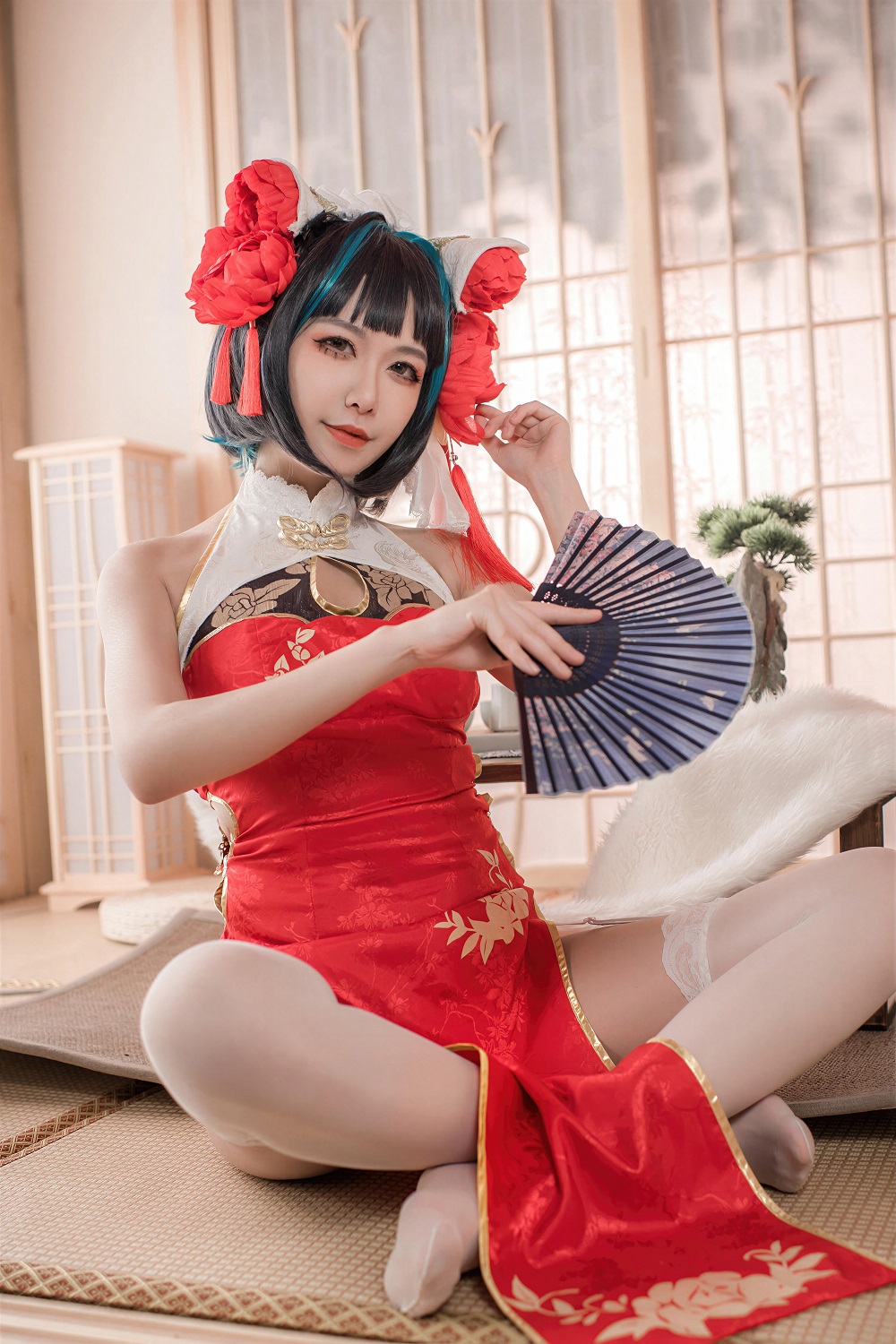 源纱希喵喵喵-碧蓝航线-柴郡新春红旗袍[50P] COS网红博主 预览2图