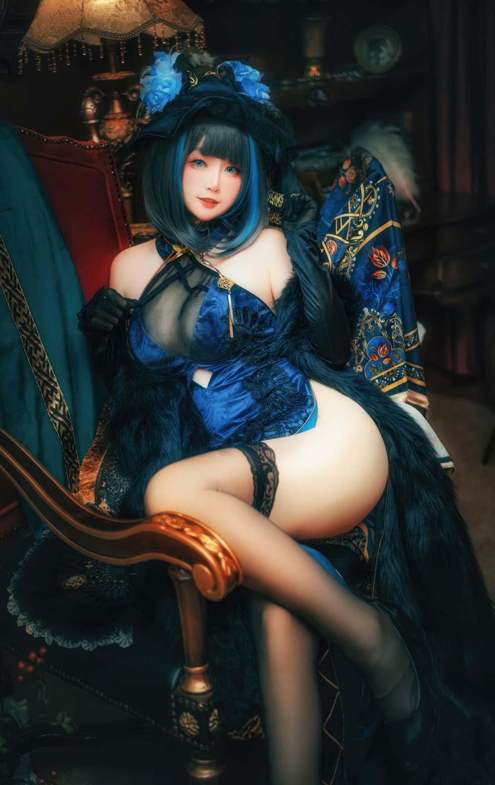 yui金鱼-碧蓝航线-柴郡旗袍[31P] COS网红博主 预览1图