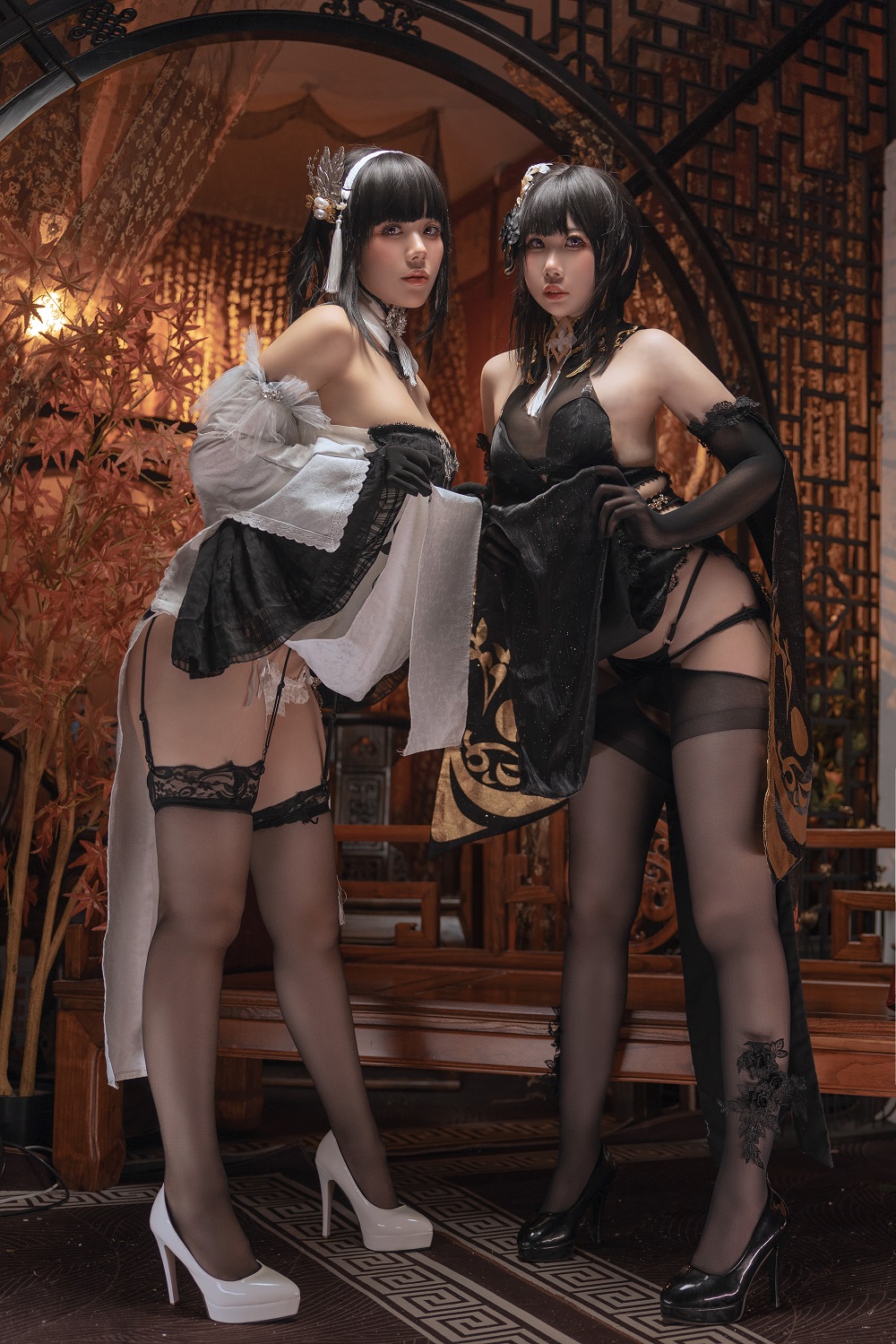 九言&喜茶苍苍子-碧蓝航线-双人黑白镇海旗袍[34P+7V] COS网红博主 预览1图