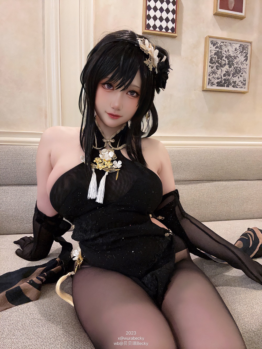 贝贝琪Becky-碧蓝航线-镇海黑旗袍[24P] COS网红博主 预览2图