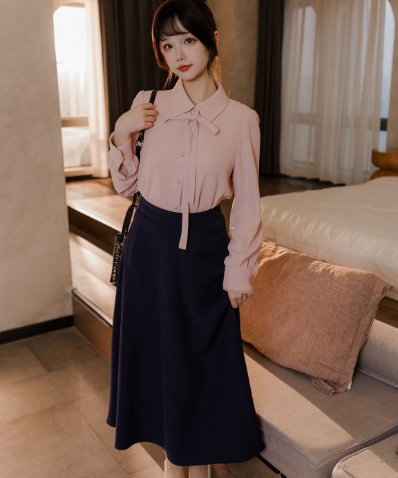雪晴Astar-粉藏青通勤长裙OL[72P+1V]
